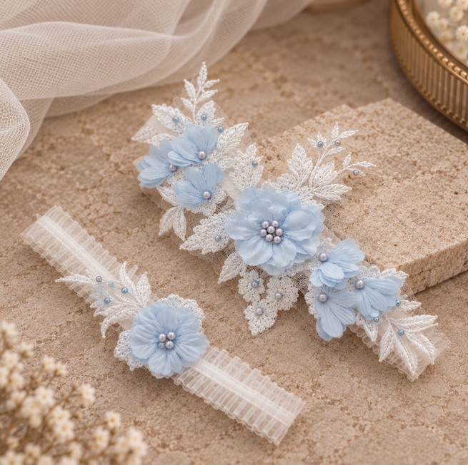 A bridal accessory set featuring a white lace garter with a light blue fabric flower and white lace leaves, alongside a matching white lace wristband with a large light blue flower and smaller matching flowers, styled on a beige stone block with white tulle fabric.