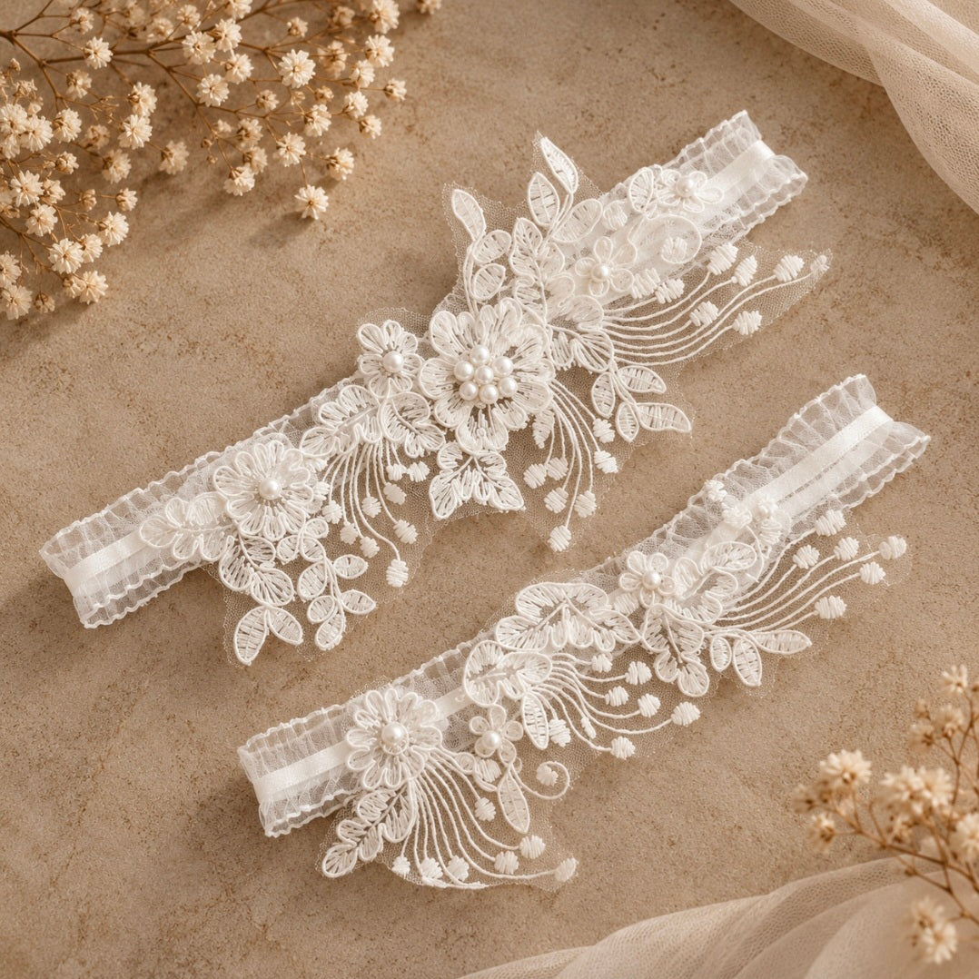 Two white lace garter belts with floral embroidery and pearl details, arranged on a textured beige surface with dried flowers and sheer fabric accents.