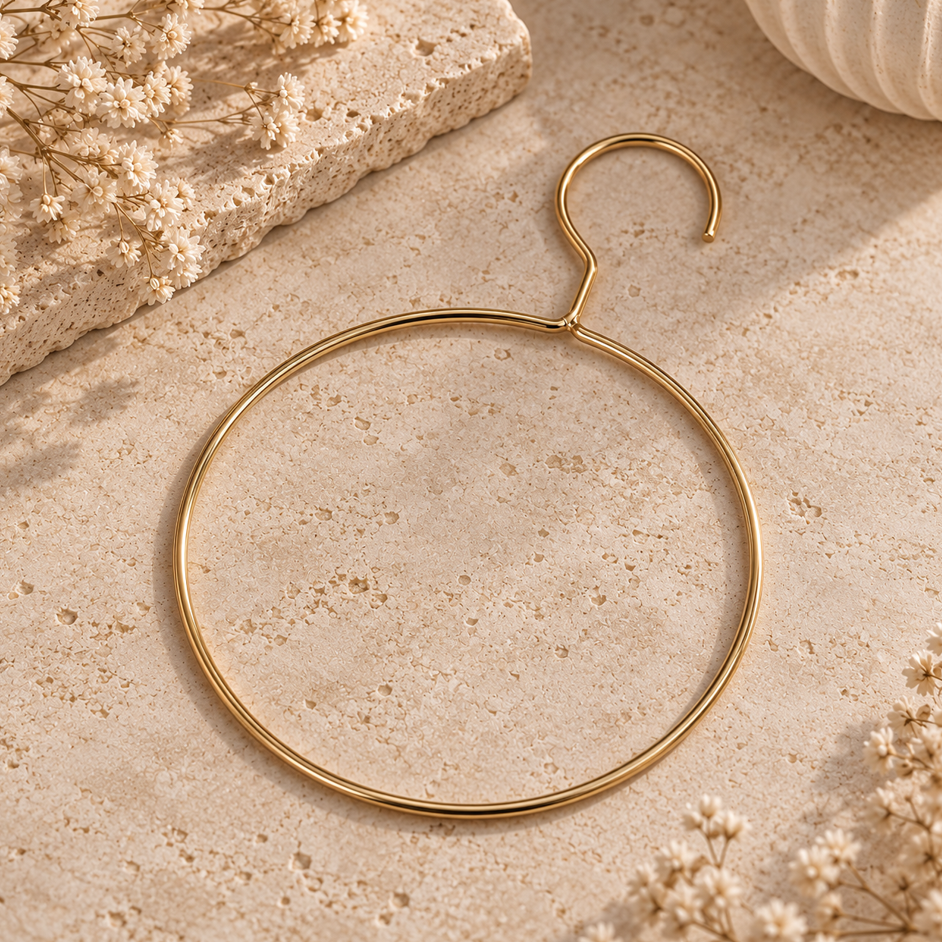 A gold metal hanger with a large circular hoop and a hook, displayed on a textured beige stone surface with dried flowers.
