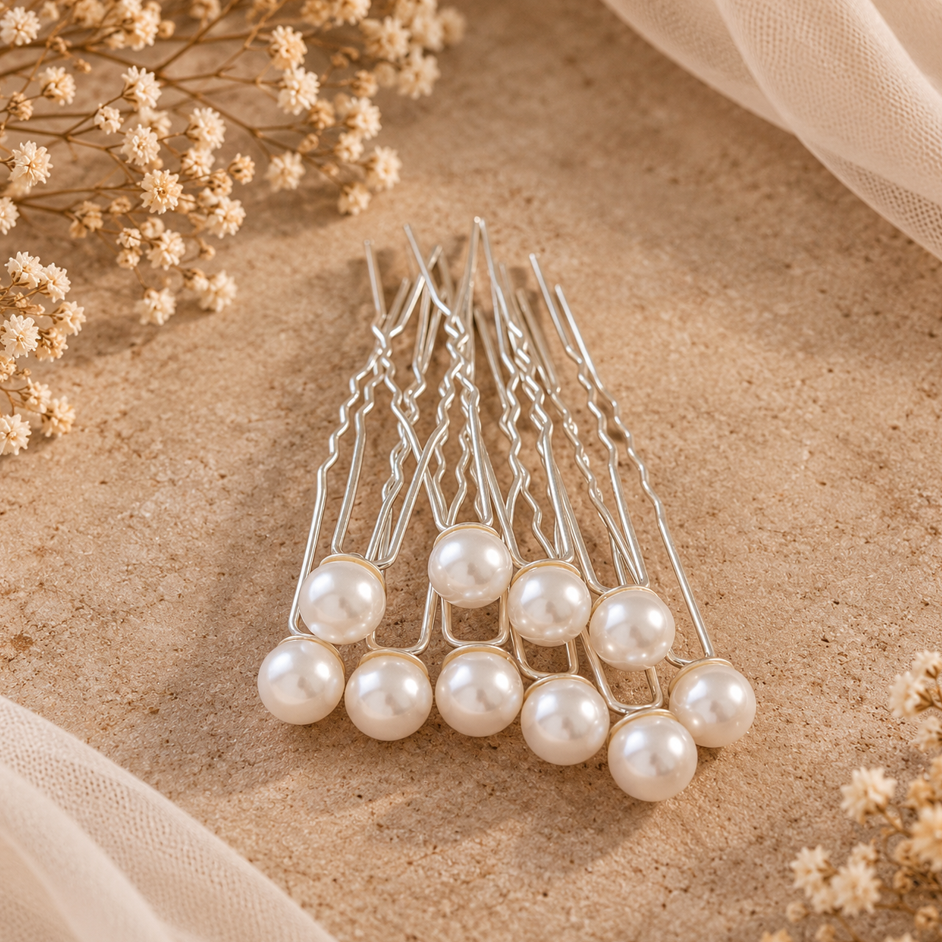 Six silver hair pins with white faux pearls at the tips, arranged on a textured beige surface with dried flowers and sheer fabric.