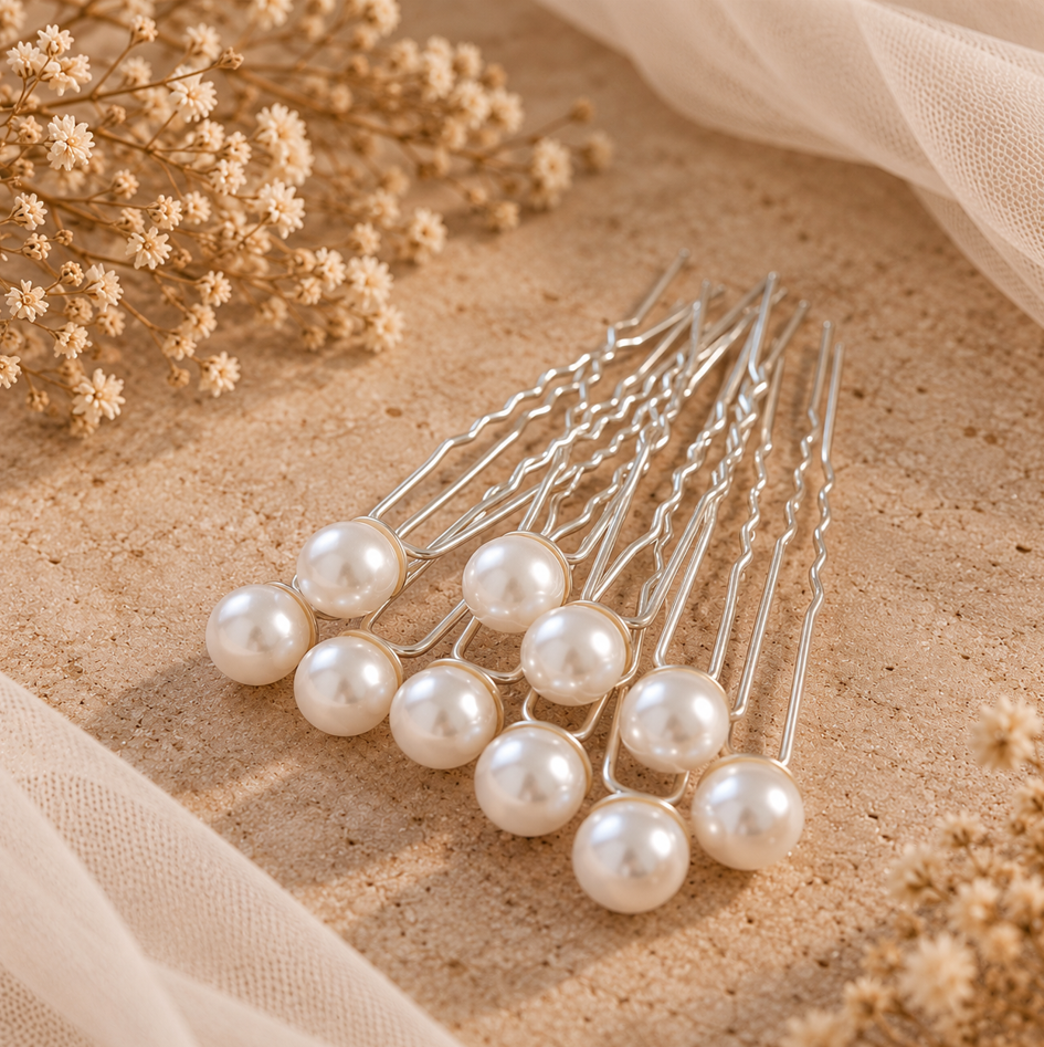 Five silver hair pins with large white pearl tops, arranged on a textured beige surface with dried flowers and sheer fabric.