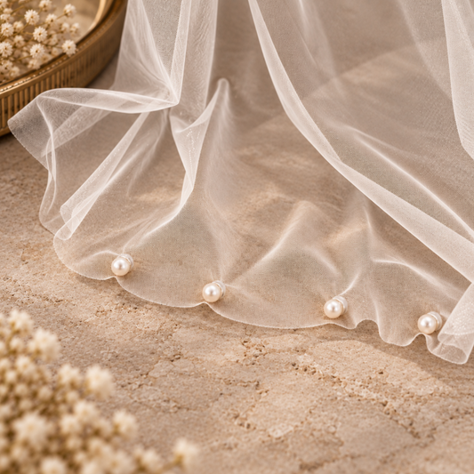 A close-up of a sheer white tulle veil draped over a sandy surface, decorated with small white pearls along the ruffled edge. Soft floral props and warm sunlight create a delicate, bridal aesthetic.