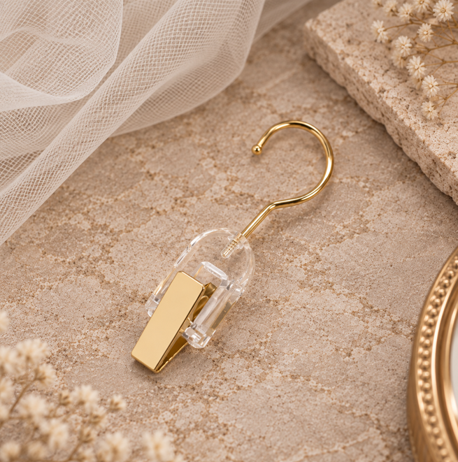 A gold and clear acrylic hanger with a rectangular gold accent block, styled on a textured beige surface with dried flowers and sheer white tulle.