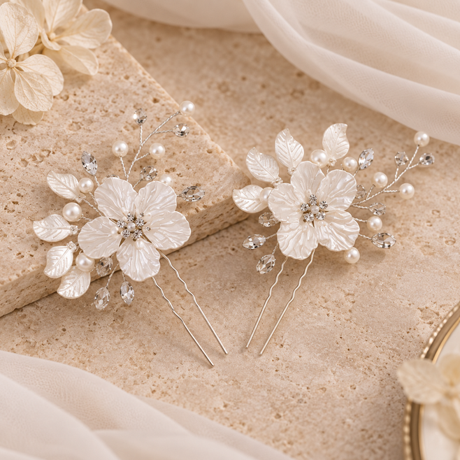 White Flower Silver Hair Pins (Set of 2)