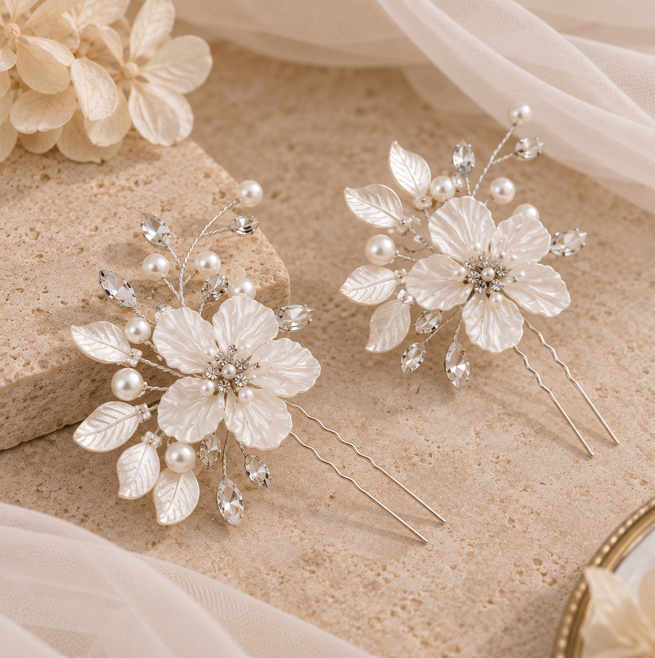White Flower Silver Hair Pins (Set of 2)