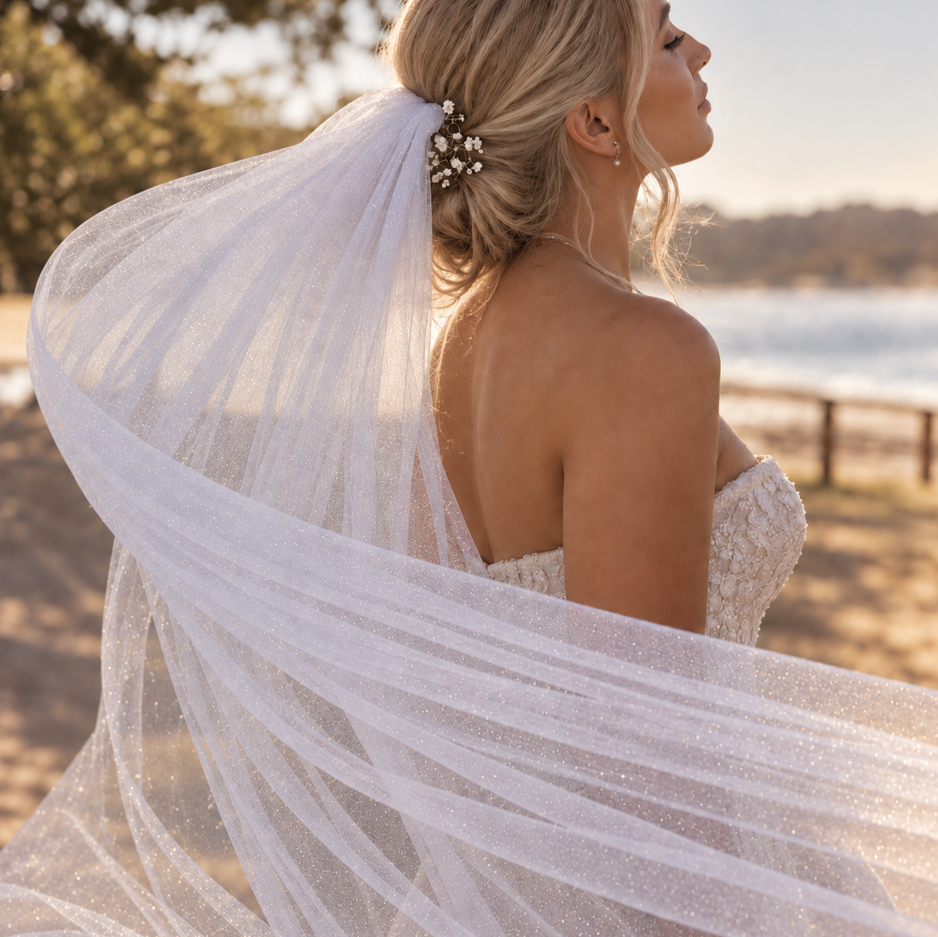 A bride photographed from the back at a beach during golden hour, wearing a strapless lace wedding dress and a long sheer white veil adorned with tiny glitter-like flecks. Her hair is styled up with a floral hairpin, and the background shows warm sand, water, and trees.